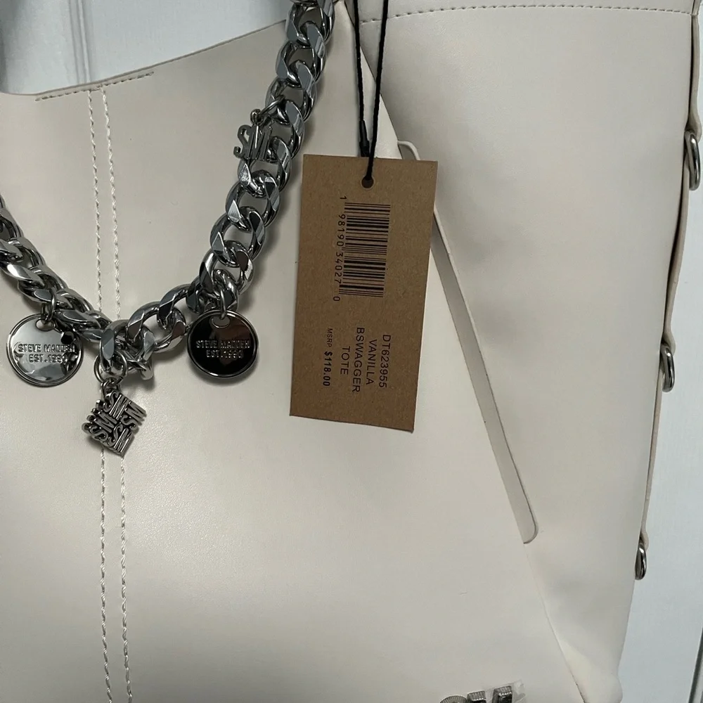 Steve Madden Vanilla Cream B swagger Tote Shoulder Bag Silver Chain Charms NWT - Picture 2 of 15